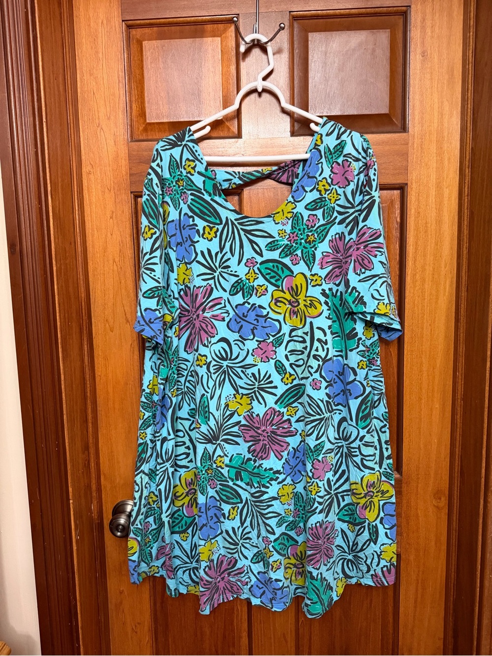 Fresh Produce 3X Plus Blue Floral Knit Cotton T-Shirt Dress Scoop Neck Knee